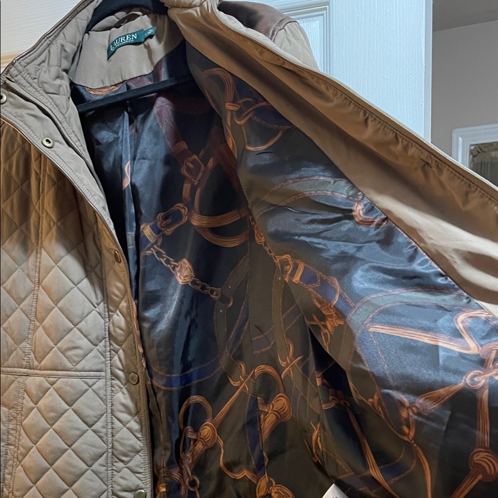 Lauren Ralph Lauren Faux-Leather-Trim Quilted Brown/Tan Jacket - Picture 6 of 15